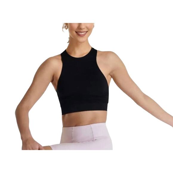 Sweaty Betty Black High Neck Sports Bra Sweat Wicking Stretch Racerback Crop Med - Picture 1 of 12